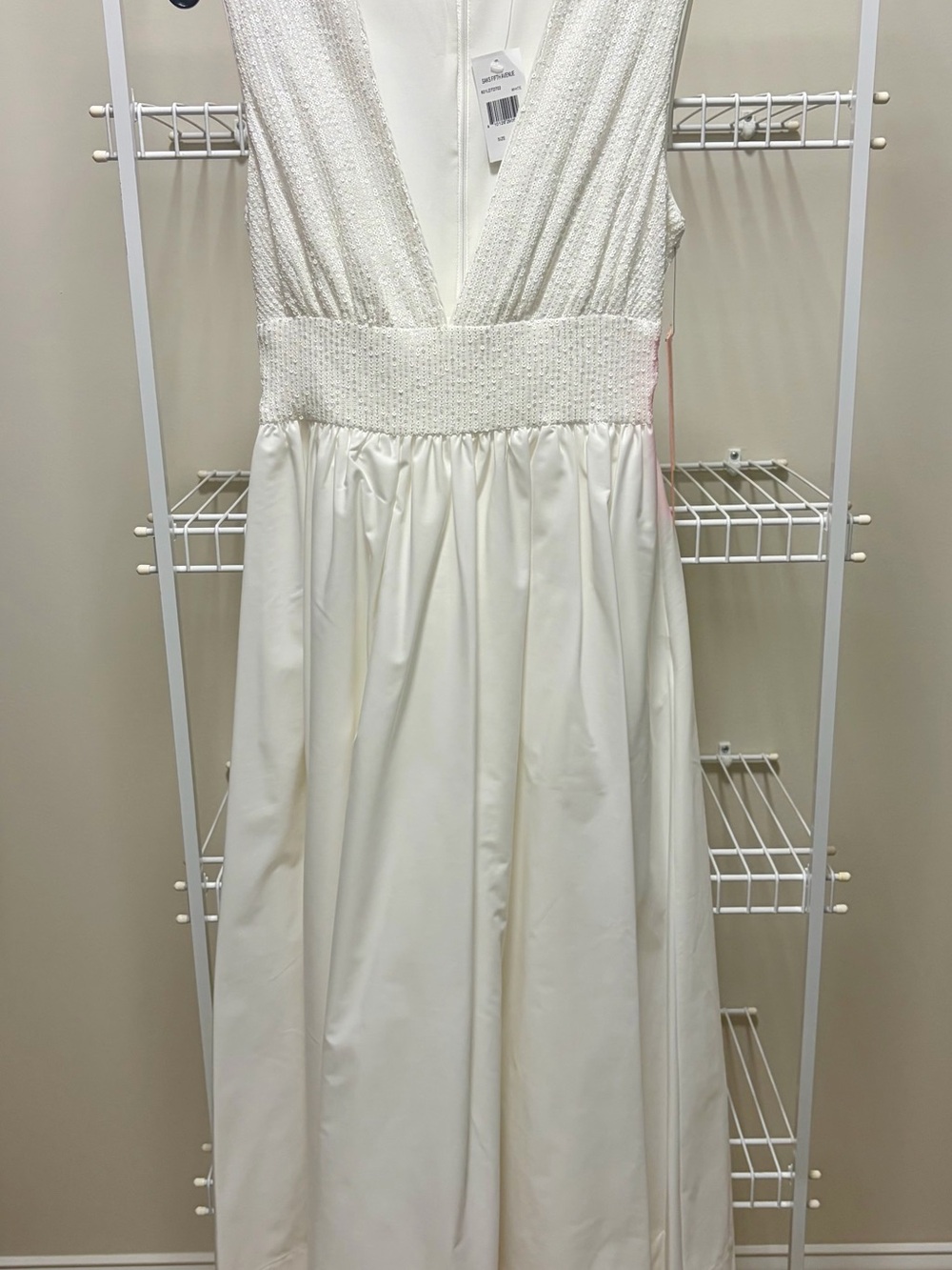 NET Ivory V-Neck Textured Bodice Formal Dress